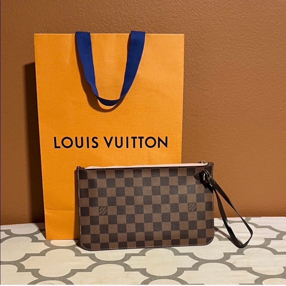 Louis Vuitton Brown Checkered Wristlet with Orange Bag